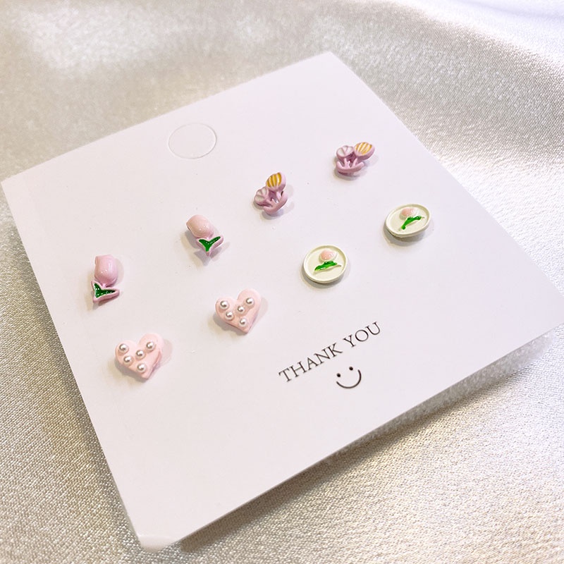 Bộ 4 Đôi Bông Tai Hình Hoa Tulip / Gấu / Trái Tim / Nơ Màu Hồng Dễ Thương Tinh Tế Cho Nữ