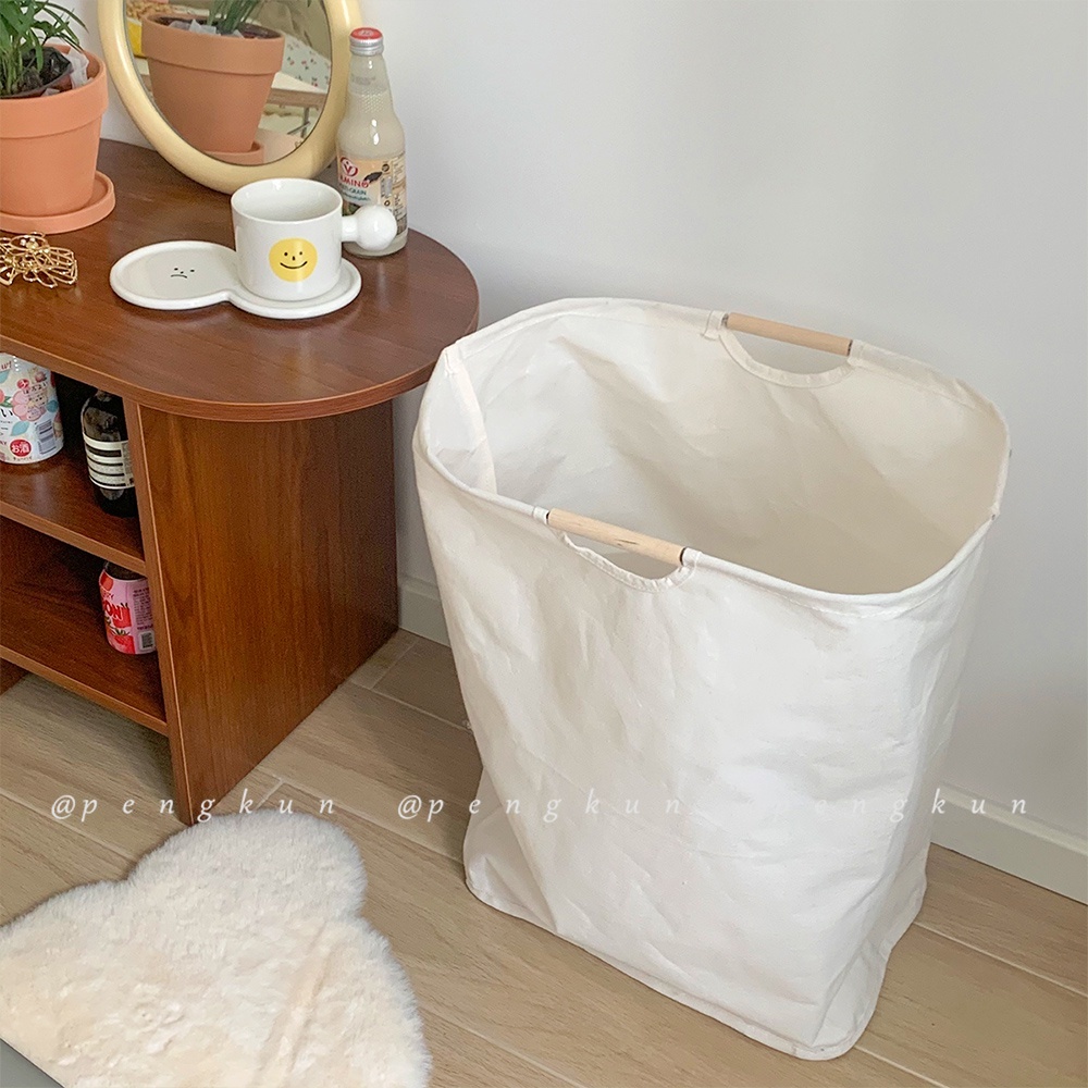 Giỏ đựng quần áo dơ/đồ chơi/chăn mền chống nước gấp được tay cầm bằng gỗ phong cách Nhật Bản