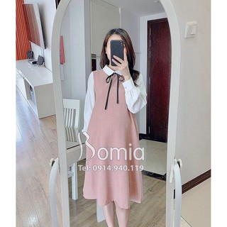 Váy bầu hồng nude sơ mi tay trắng