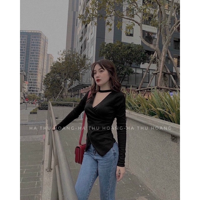 Áo Thun gân len Body Dài Tay Vạt Chéo ,Áo thun tăm tay dài dệt kim dáng ôm thời trang, Áo len Gân Chéo Cổ V cho nữ🦋🦋🦋C