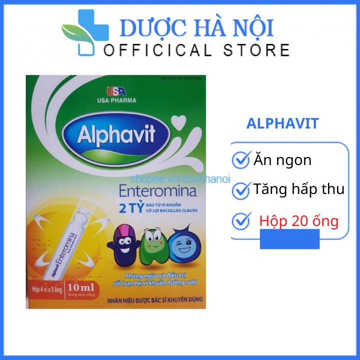 Alphavit men Enteromina giúp bé hấp thu và tiêu hóa tốt bé ăn ngon chống táo bon stieeu chảy hộp 20 ống