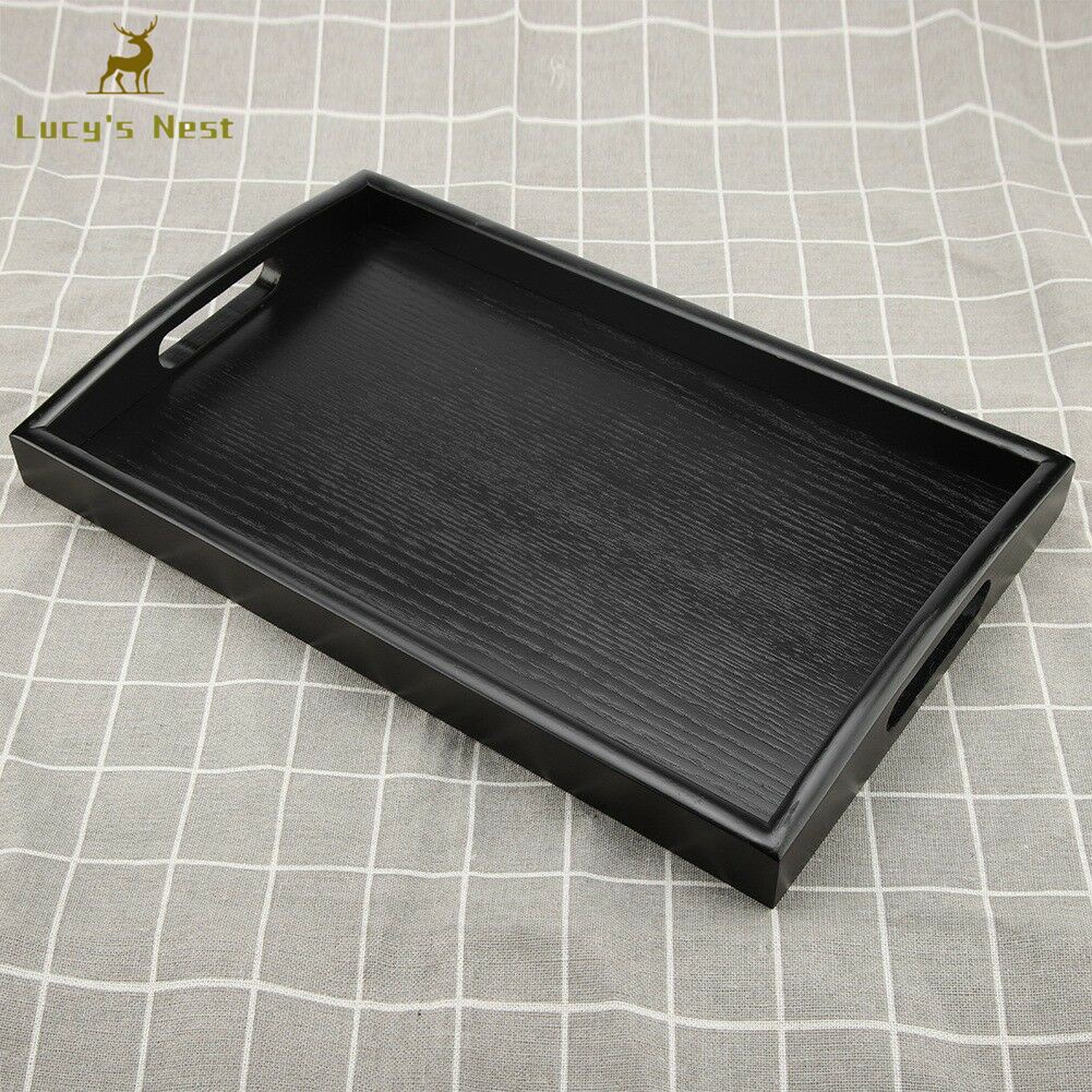 Khay phục vụ thức ăn bằng gỗ màu đen hình chữ nhật cỡ lớn có tay cầm dễ sử dụng
