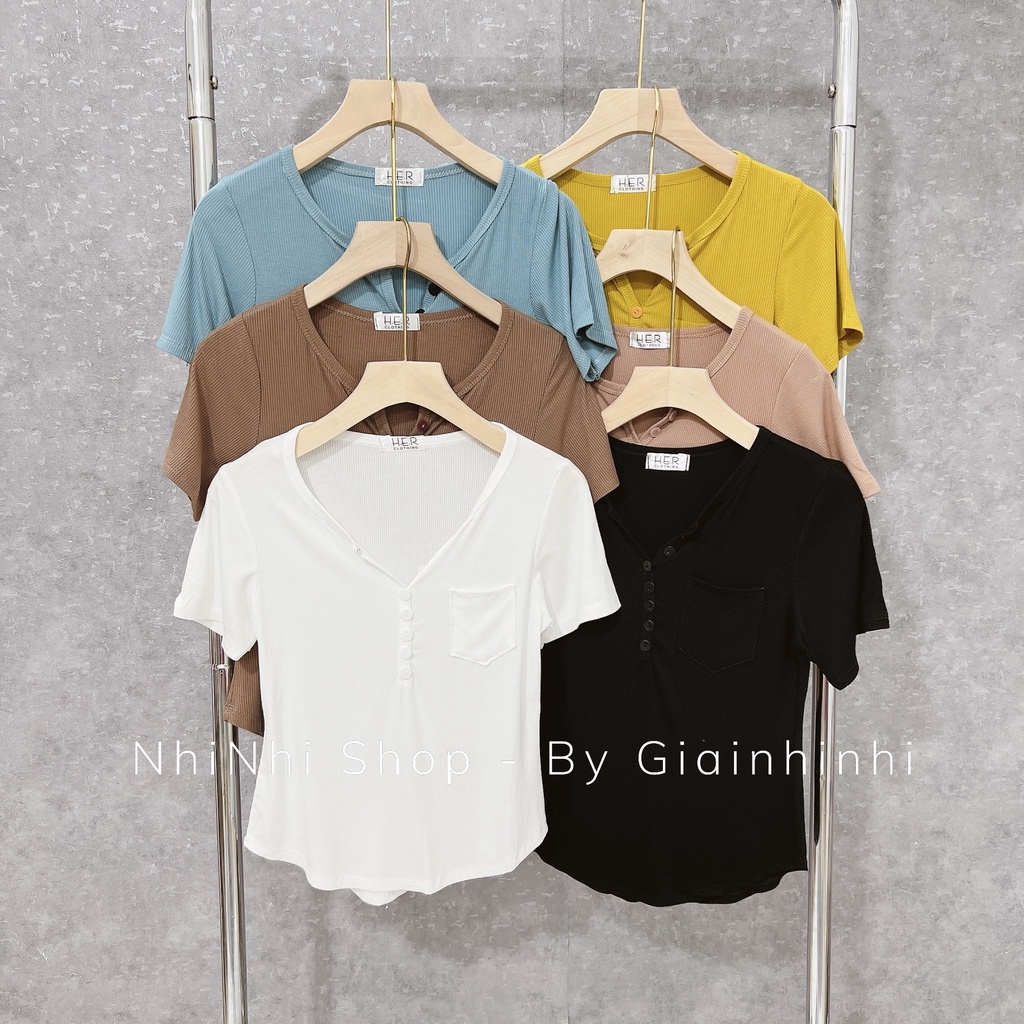 Áo thun tăm khuy nhỏ túi ngực form vừa, Áo kiểu cổ tim ngắn tay AT5036 - NhiNhi Shop