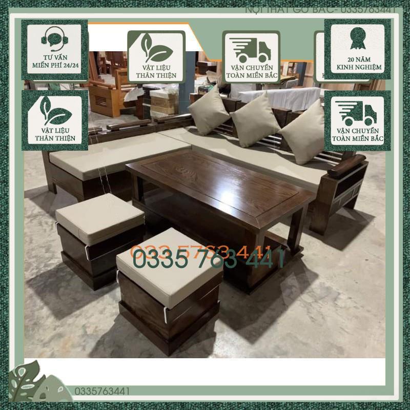 Sofa gỗ sồi nga 100% kích thước góc L 2mx1m8 kèm 1 đôn và bàn trà sofa