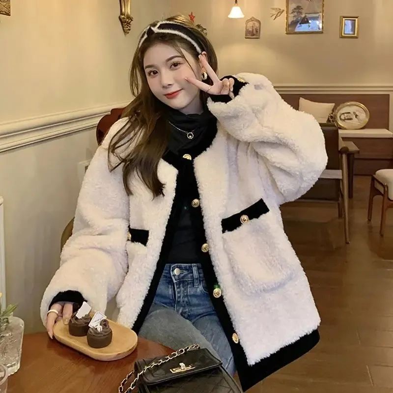 Áo khoác lông cừu tay dài dáng rộng thời trang mùa đông cho nữ