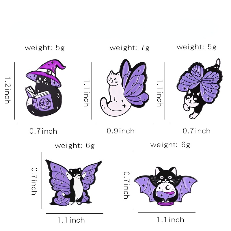 Huy Hiệu Cài Áo Hình Mèo Và Bướm Màu Đen / Tím Độc Đáo
