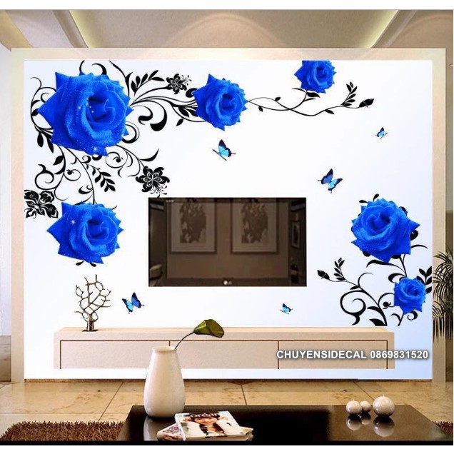 Decal dán tường - Hoa Hồng Xanh 3D ( 2 tấm )