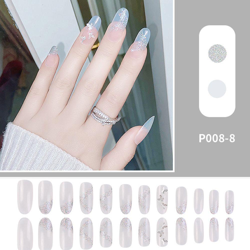 Bộ Móng Tay Giả 24 Móng / Tấm Che Phủ Toàn Diện In Họa Tiết Kẻ Ô Gợn Sóng Phong Cách Pháp DIY