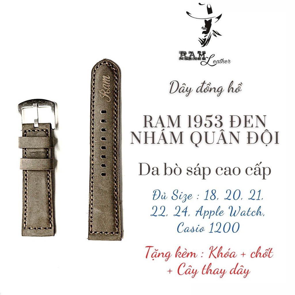 Dây Đồng Hồ Da Thật RAM Leather 1953 Da Bò Sáp Đen Nhám Bền Đẹp