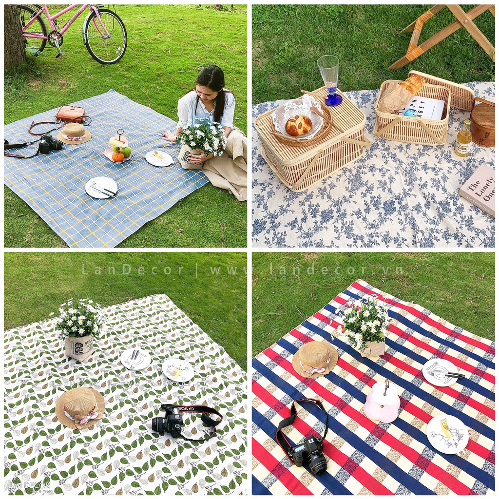 Thảm picnic gấp gọn, Thảm dã ngoại, Khăn tấm trải du lịch chụp ảnh picnic, trải bàn ăn kẻ caro, Thảm chụp ảnh