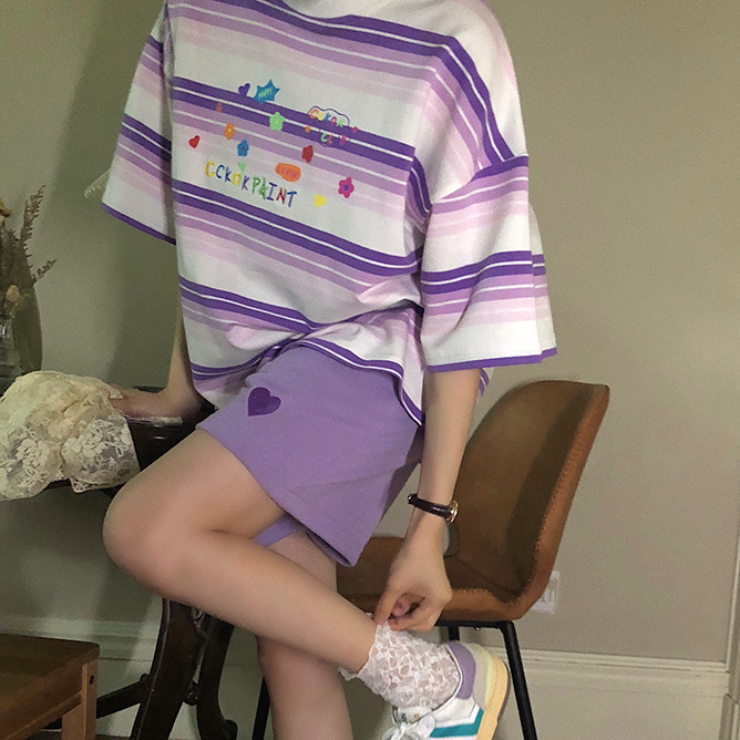 Áo Thun Nữ Ngắn Tay Họa Tiết Sọc Thêu Hình Thời Trang | BigBuy360 - bigbuy360.vn