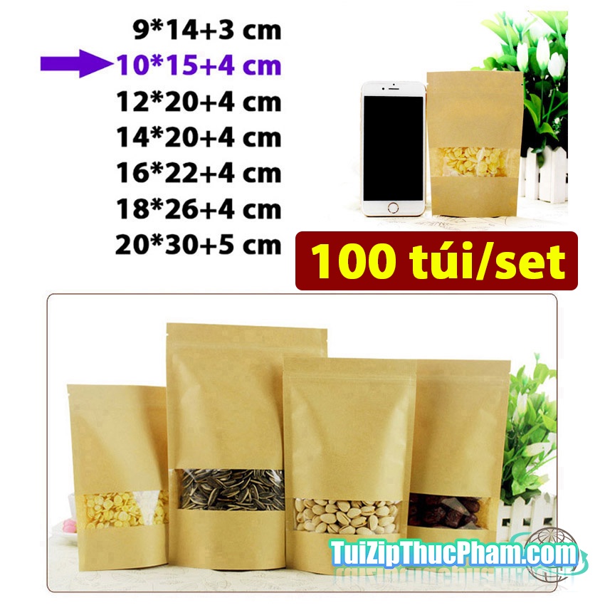 100 cái túi zip MIS size 10x15 cm đựng 70g bột mịn, túi zipper giấy kraft vàng có cửa sổ, phủ CPP đựng thực phẩm