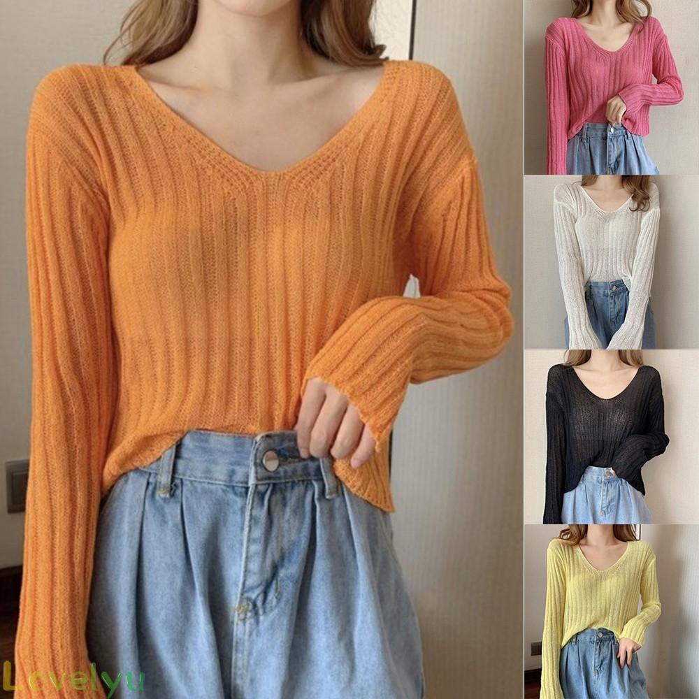 Áo dệt kim tay dài cổ chữ V trễ vai màu trơn 100% hàng mới chất lượng cao