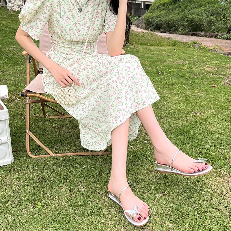 Urihouse - Dép xỏ ngón quai ngang mảnh màu bạc đế cao 3p đính đá lấp lánh