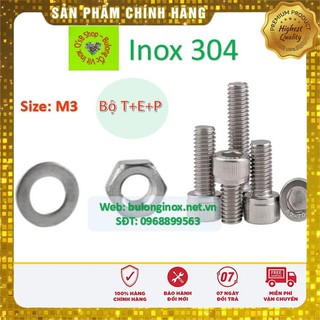 Bulong lục giác chìm đầu trụ size M3  inox bộ Thân + Ecu (Bộ TEP) , ốc đầu trụ , ốc lục lăng đầu trụ inox, inox 304