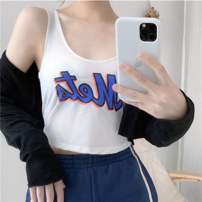 Áo croptop SUXI không tay cổ tròn in họa tiết thời trang mùa hè Hàn Quốc cho nữ