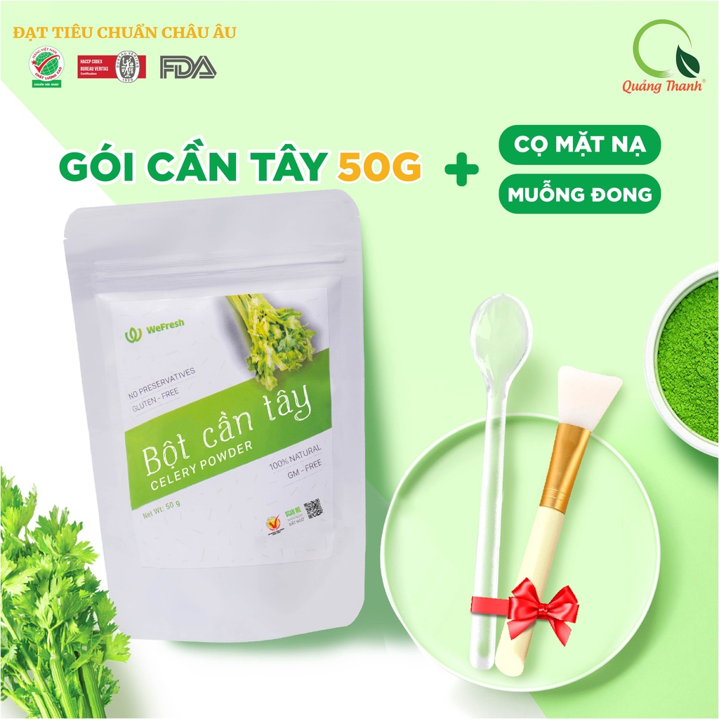 Bột Cần Tây Quảng Thanh đắp mặt nạ - Giúp da sáng mịn - Kèm Cọ quét mặt nạ cao cấp, muỗng trong suốt - Gói 50g