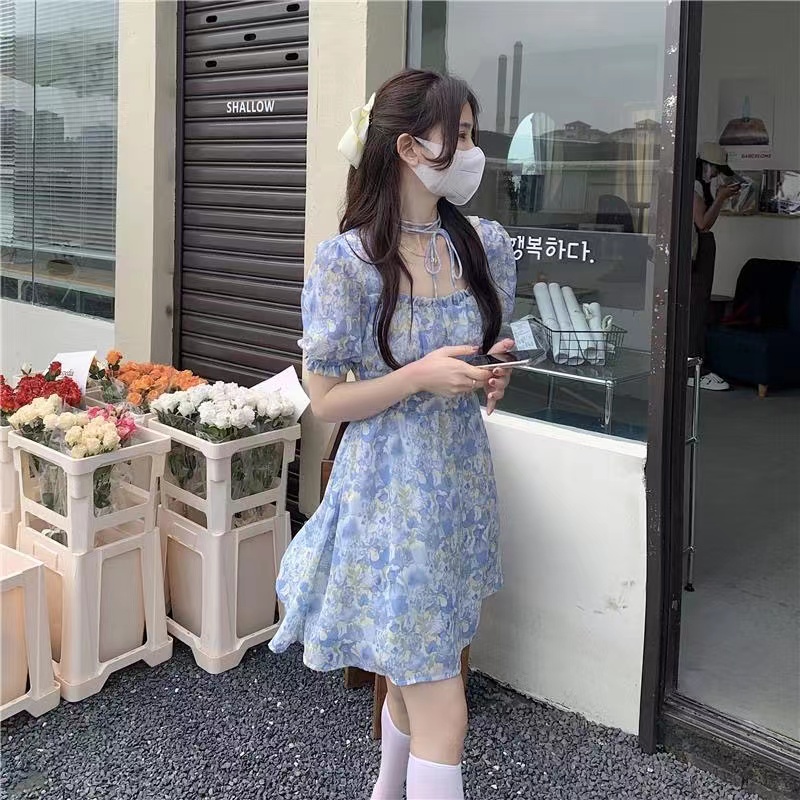 Đầm Perty in hoa tay phồng phong cách Hàn Quốc thời trang hè dành cho nữ