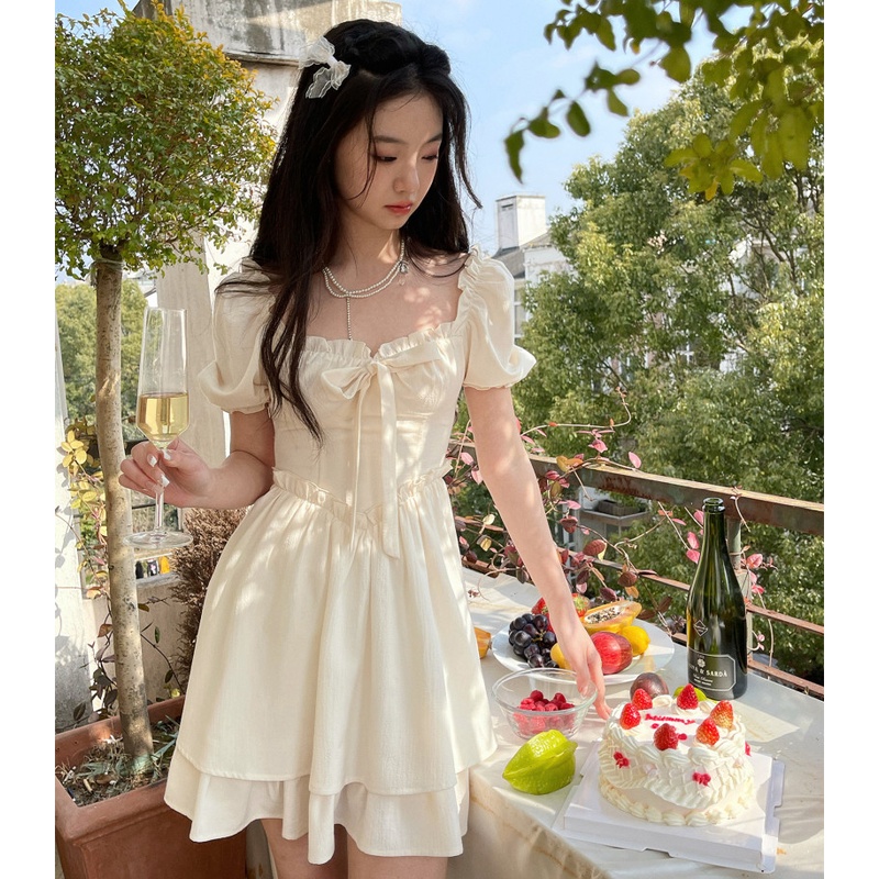 Đầm midi Cổ Vuông Tay Phồng Đính Nơ Thời Trang Mùa Hè Xinh Xắn Cho Nữ