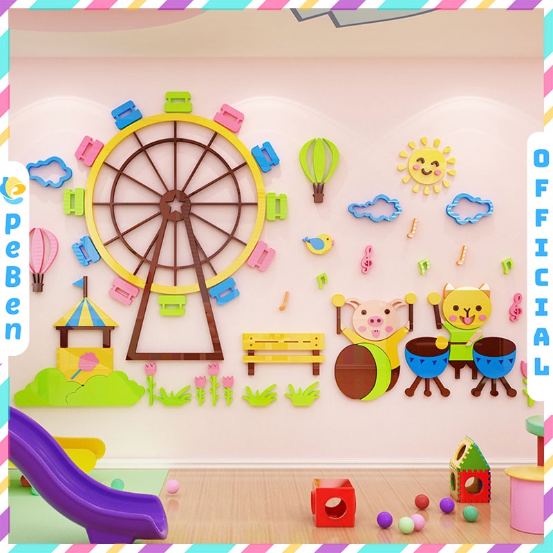 Tranh dán tường mica 3d decor khổ lớn vòng xoay tròn khu vui chơi trang trí mầm non, phòng cho bé Nhiều Size - EPeBen
