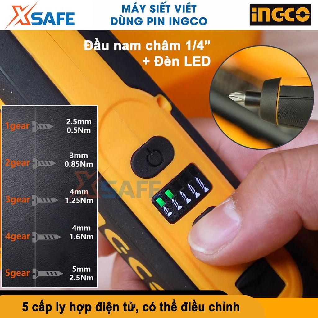 Máy bắn vít dùng pin Ingco CSDLI0403 4V, lực siết 5Nm, có đèn led, cảm ứng lực, kèm 43 phụ kiện