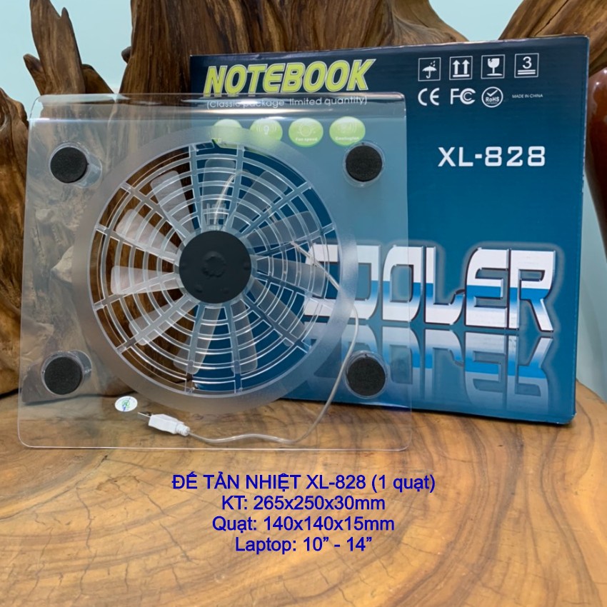 Đế tản nhiệt cho laptop Notebook Cooler XL-828 siêu mát - CÓ ĐÈN LED 1 Fan, Trong Suốt - Full Box, Hàng chính hãng