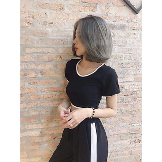 Croptop tay ngắn viền lai