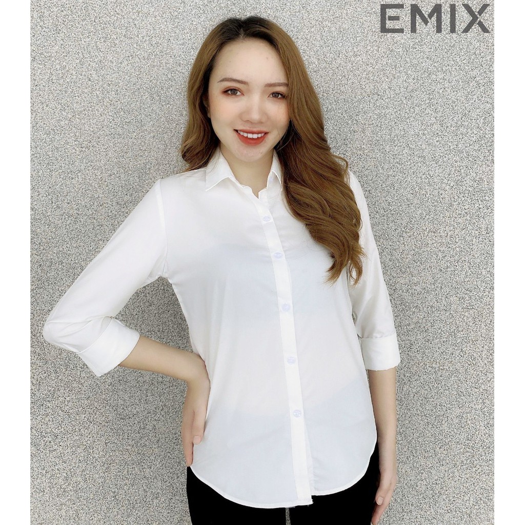 Áo sơ mi nữ công sở EMIX (màu trắng), dài tay, form rộng, cổ sơ mi, chất lụa thô mềm mịn, không nhăn, không lộ a65
