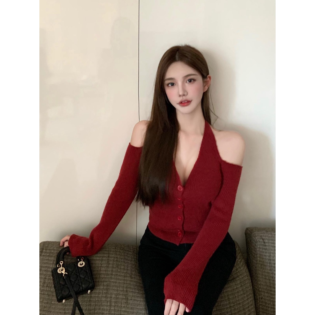 QADCOL Áo thun tay dài cổ chữ V khoét vai thời trang cho nữ