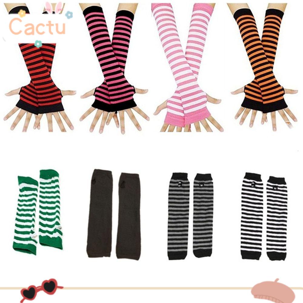 Găng Tay Cotton Dệt Kim Mềm Mại Dài Hở Ngón Họa Tiết Kẻ Sọc Có Dây Đeo Cổ Tay Cho Nữ