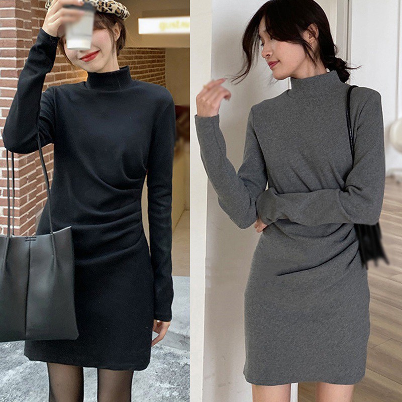 Đầm Tay Dài Cổ Cao Màu Trơn Phong Cách Thời Trang Hàn Quốc
