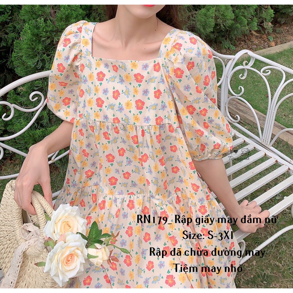 RN179_rập giấy may đầm xòe cổ vuông nữ