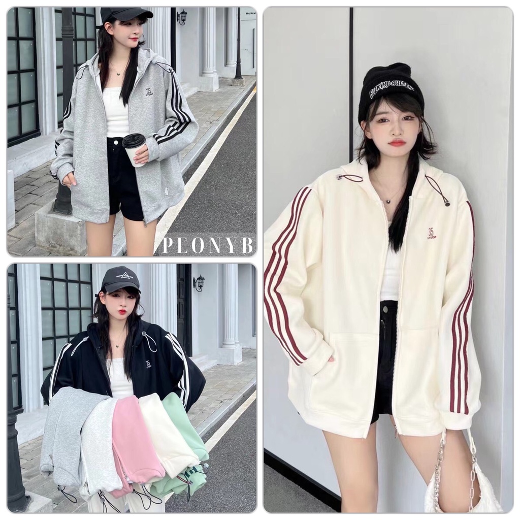 Áo khoác nỉ ngoại 3 sọc thêu 35 unisex [FREESHIP] Khoát hoodie zip form rộng tay bồng kiểu dáng thể thao peonyb ulzzang