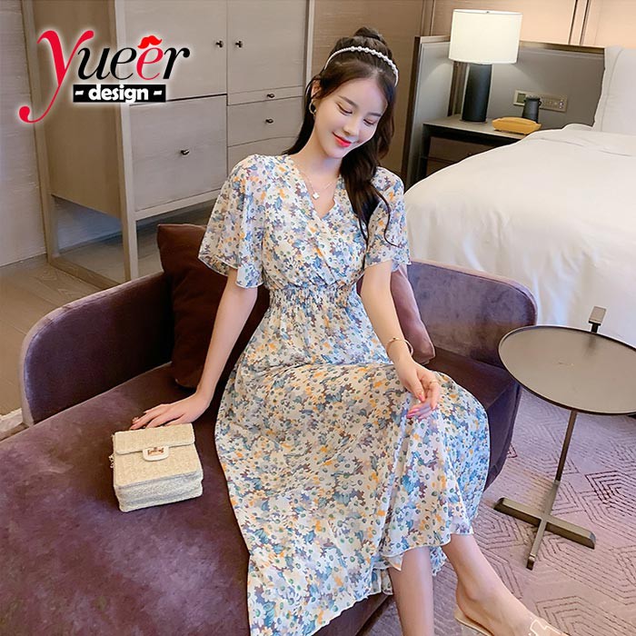 Đầm Voan Hoa Dáng Dài Cổ V Kiểu Vintage Pháp Thanh Lịch Size S-3Xl