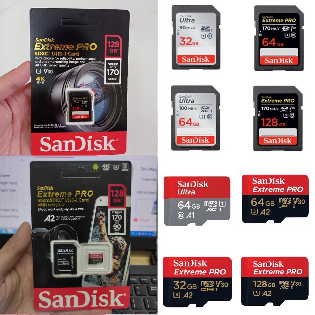 Thẻ nhớ Sandick Extreme PRO 128GB 64GB 32GB 16GB U3 upto 170MB/s cho máy ảnh, camera, flycam