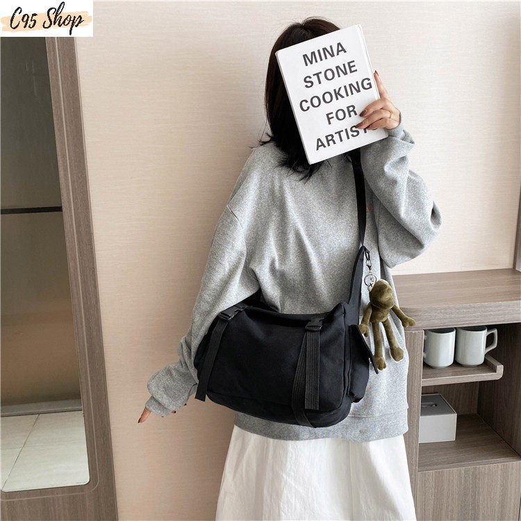 Túi tote đeo chéo nam nữ unisex ulazzang vải canvas hai đai cài dọc cỡ lớn, T023