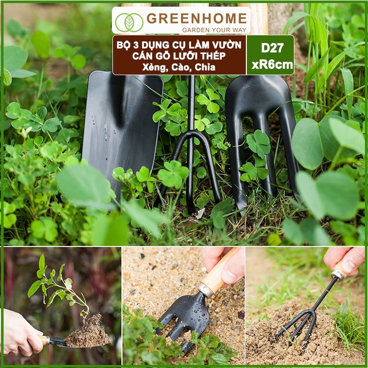 Dụng cụ trồng cây, D25cm, cán gỗ, lưỡi thép, gồm xẻng, cảo, chĩa, làm vườn, xới đất dễ dàng | Greehome