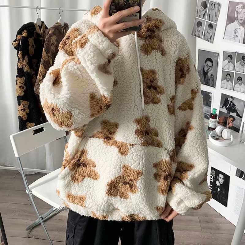 Áo khoác nam bomber  ♚✙Áo sweater Nhung Lông Cừu In Hình Gấu Hoạt Hình Phong Cách Hàn Quốc Dễ Phối Đồ Cho Nam