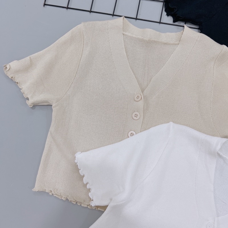 Áo len croptop cổ V cài cúc ngắn tay, Áo kiểu dáng ngắn cổ tim AL5114 - NhiNhi Shop