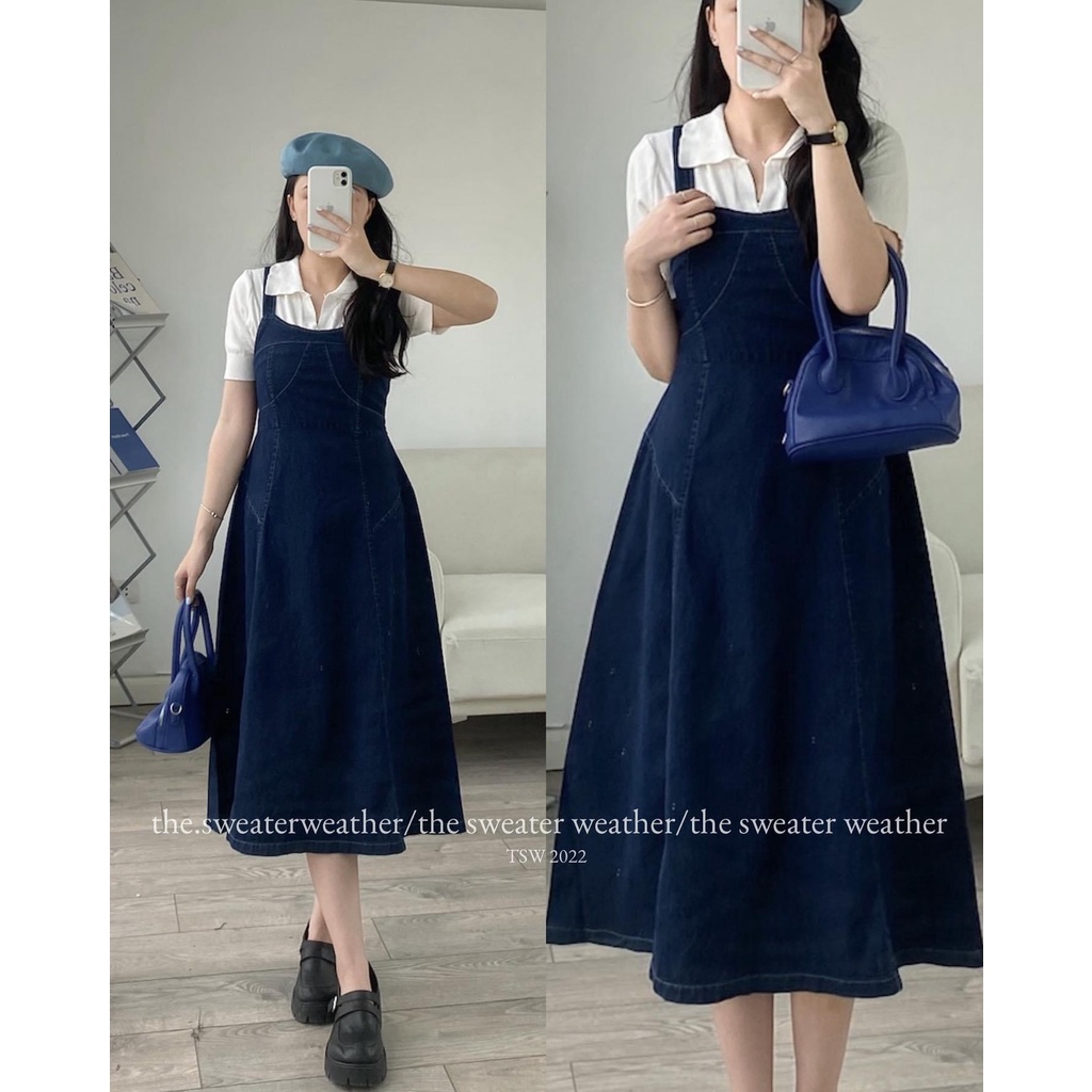 Váy yếm bò chiết eo xoè dài the.sweaterweather TSW (ảnh thật)