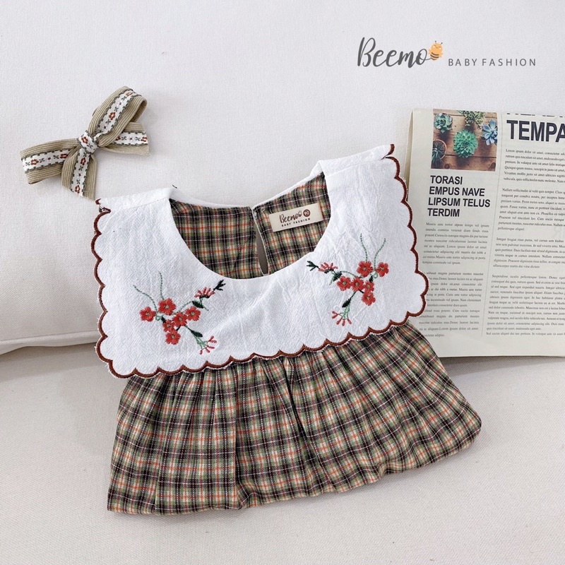 Váy dài tay babydoll karo yếm cổ hoa tiểu thư cho bé gái mặc đi học đi chơi hãng Beemo