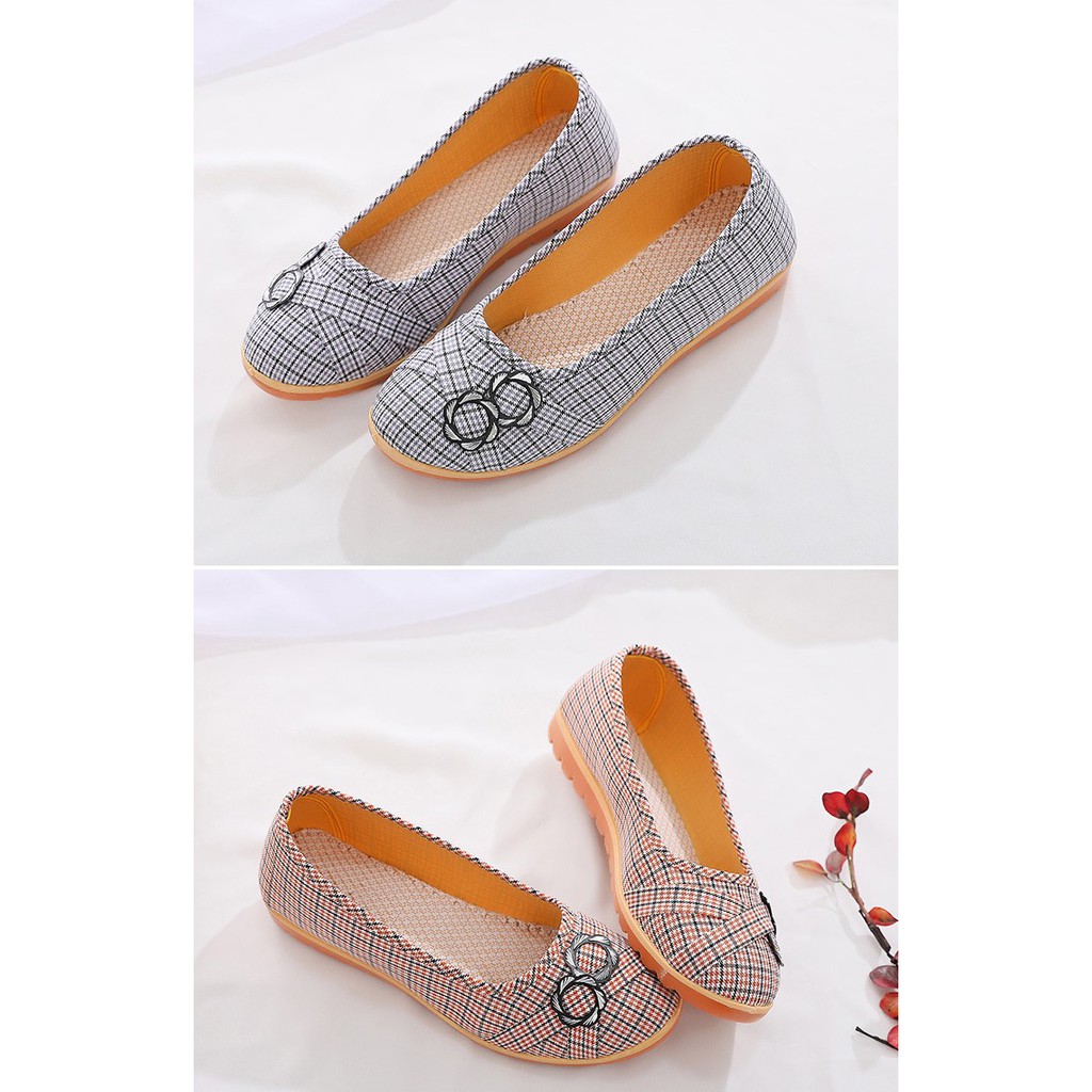 Giày lười nữ vải mềm mũi tròn đế bệt cao 2cm đen cam