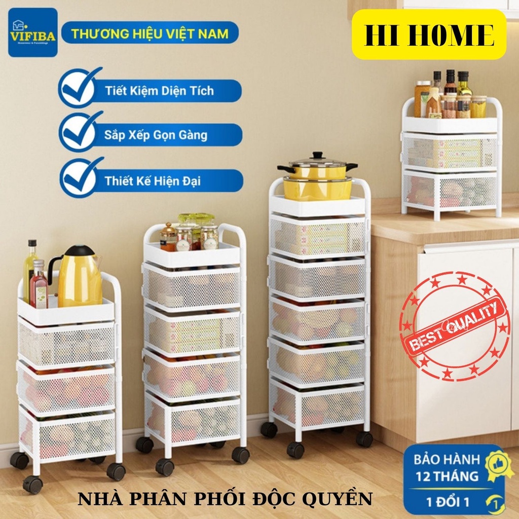Kệ nhà bếp cao cấp 3 4 5 tầng đa nănG, kệ xoay thép Carbon thông minh có bánh xe TRẮNG, ĐEN Hi Home