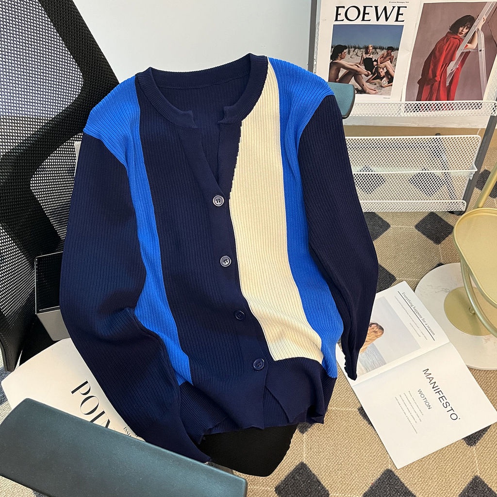 Áo Khoác Cardigan Dệt Kim Màu Sắc Tương Phản Thời Trang Cho Nữ