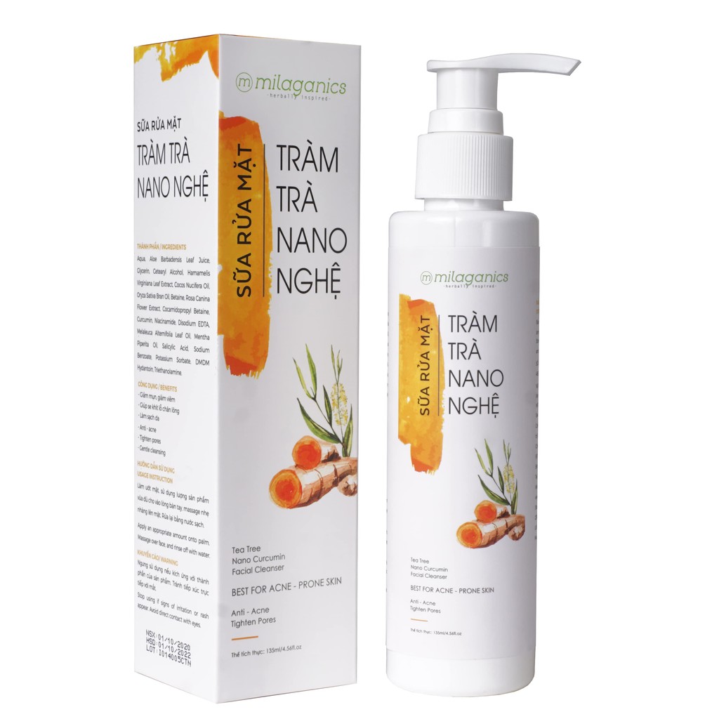 Sữa Rửa Mặt Ngừa Mụn Tràm Trà Nano Nghệ Trắng Da, Làm Sạch Dịu Nhẹ Cho Da Mụn Nhạy Cảm MILAGANICS 135ml (Chai) | BigBuy360 - bigbuy360.vn