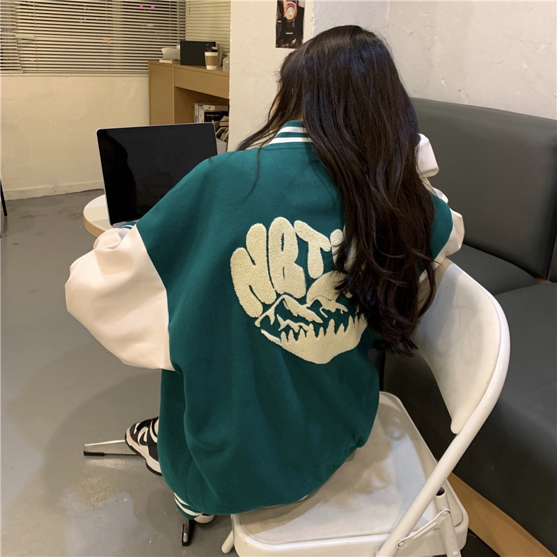 【ZHELIHANGFEI】Áo Khoác Bóng Chày Tay Dài Form Rộng Theo Phong Cách Preppy Mỹ Dễ Phối Đồ