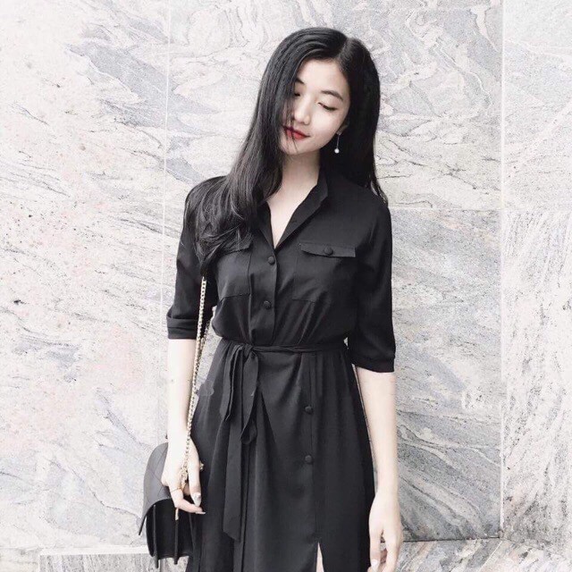 DM606 - Đầm Maxi Đen Xẻ Nút Bọc ( Kèm Hình Thật ) | BigBuy360 - bigbuy360.vn
