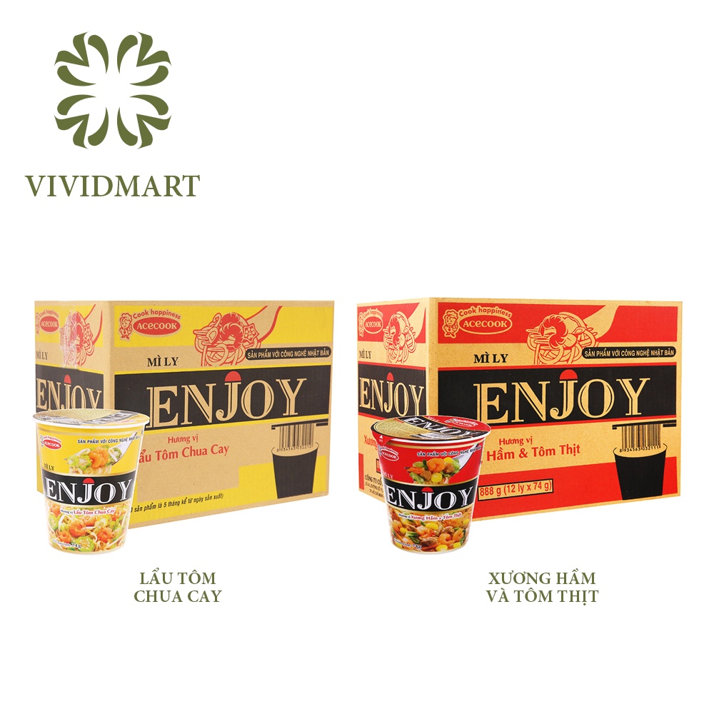 [Thùng 12 hộp] MÌ LY ENJOY 02 HƯƠNG VỊ: VỊ LẨU TÔM CHUA CAY, VỊ XƯƠNG HẦM VÀ TÔM THỊT – LY 74g – ACECOOK | BigBuy360 - bigbuy360.vn