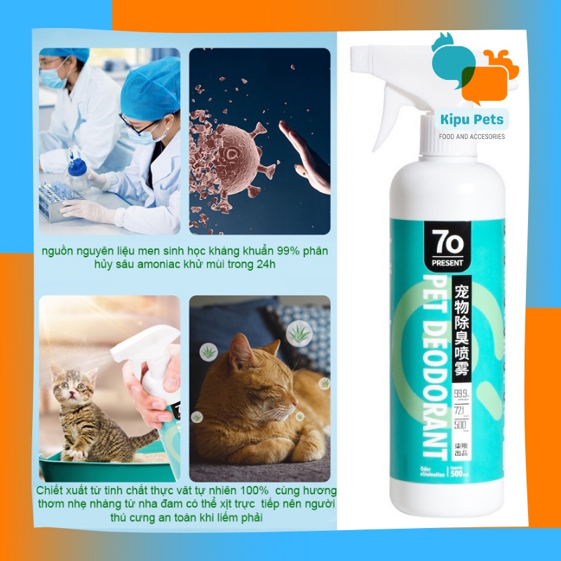 Xịt Khử Mùi Diệt Khuẩn Cho Thú Cưng - Xịt Khử Mùi Pet Deodorant 7o Present 500ml - Khử Mùi 24h Khử Trùng 99% - Kipu Pets