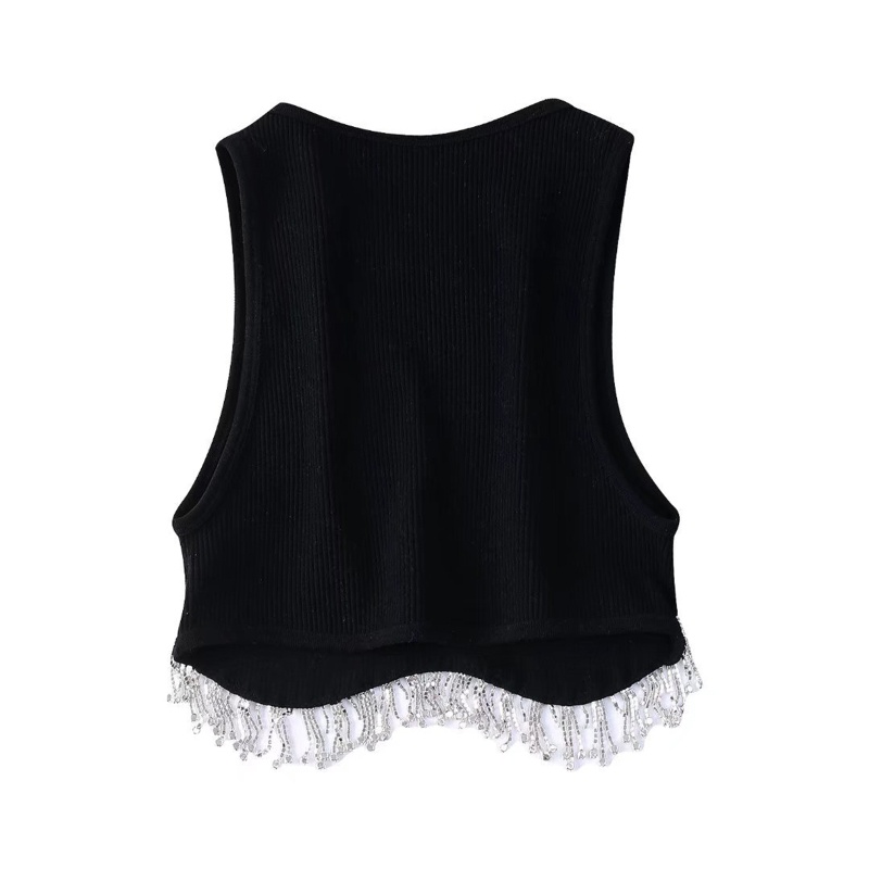 Áo Croptop Cổ Tròn Đính Đá Phối Tua Rua Thời Trang Cho Nữ